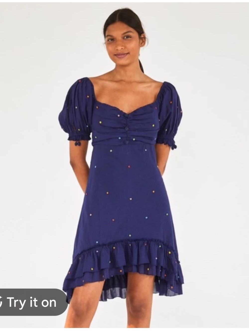 Farm Rio Navy Puff-Sleeve Dress with Embroidery Medium Ruffle Off Shoulder Boho